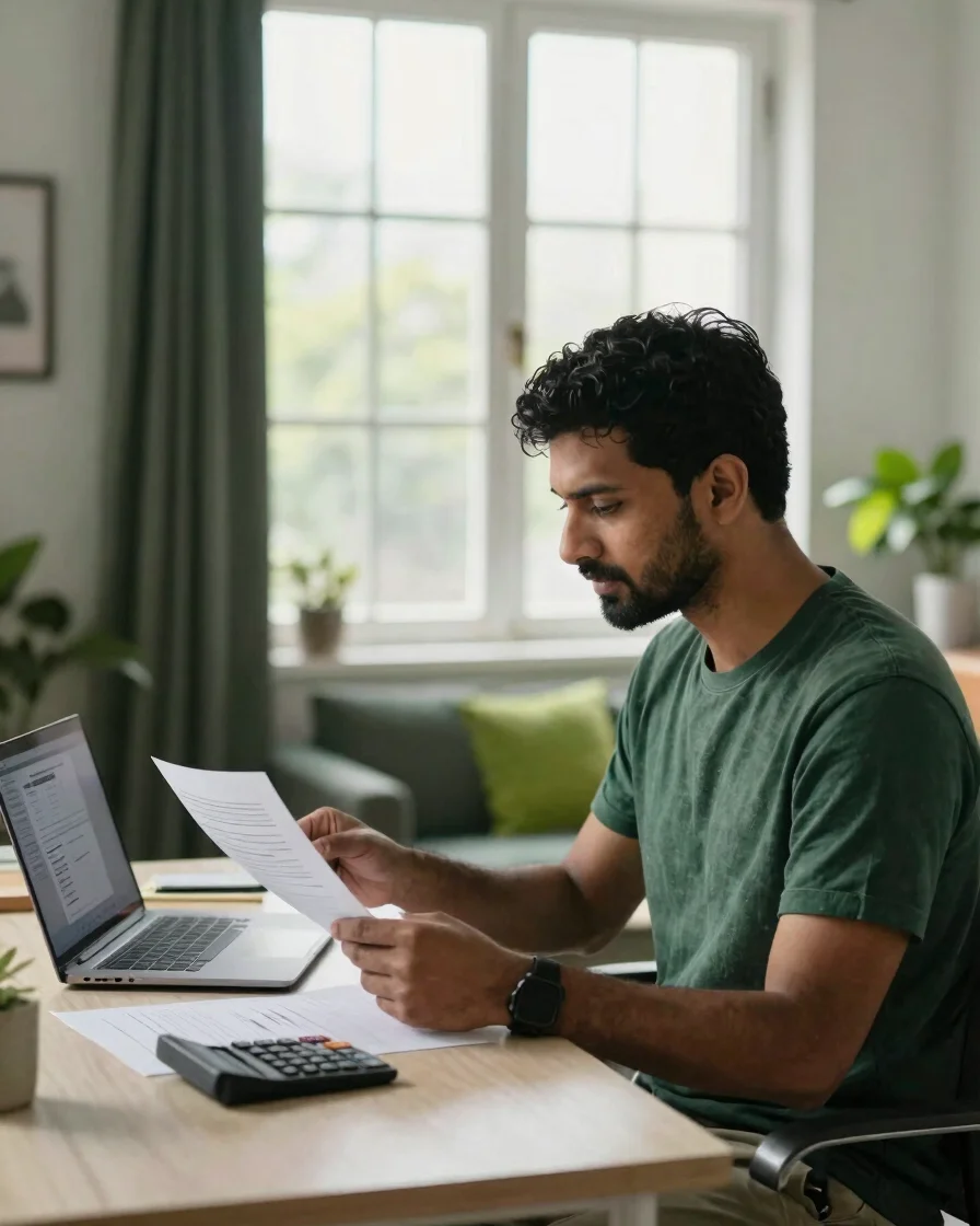 Indian professional at a bright home desk in a contemporary apart